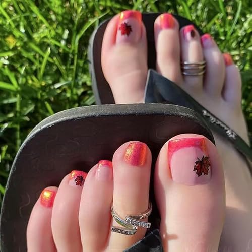 Autumn Press on Toenails Short Square with Maple Leaf Fake Toenails French Tips Glitter Designs Fall Red Glitter Full Cover Acrylic Glue on Toenails for Women Manicure Decoration 24Pcs