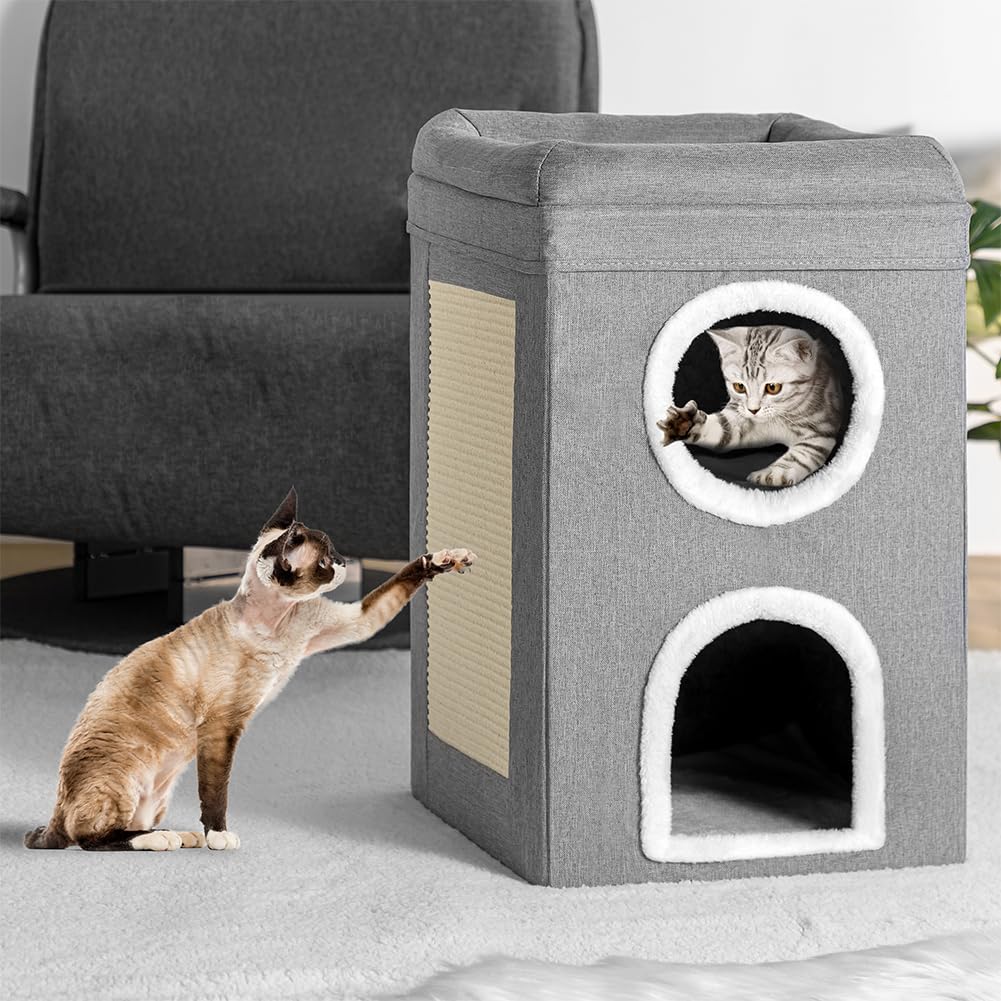 BAKAJI Grey Folding Cat Bed with 2 Vertical Shelves, Cat Shelter for Pets, Scratching Post in Warm and Padded Polyester, Scratching House with Non-Slip Base, 41 x 41 x 63 cm