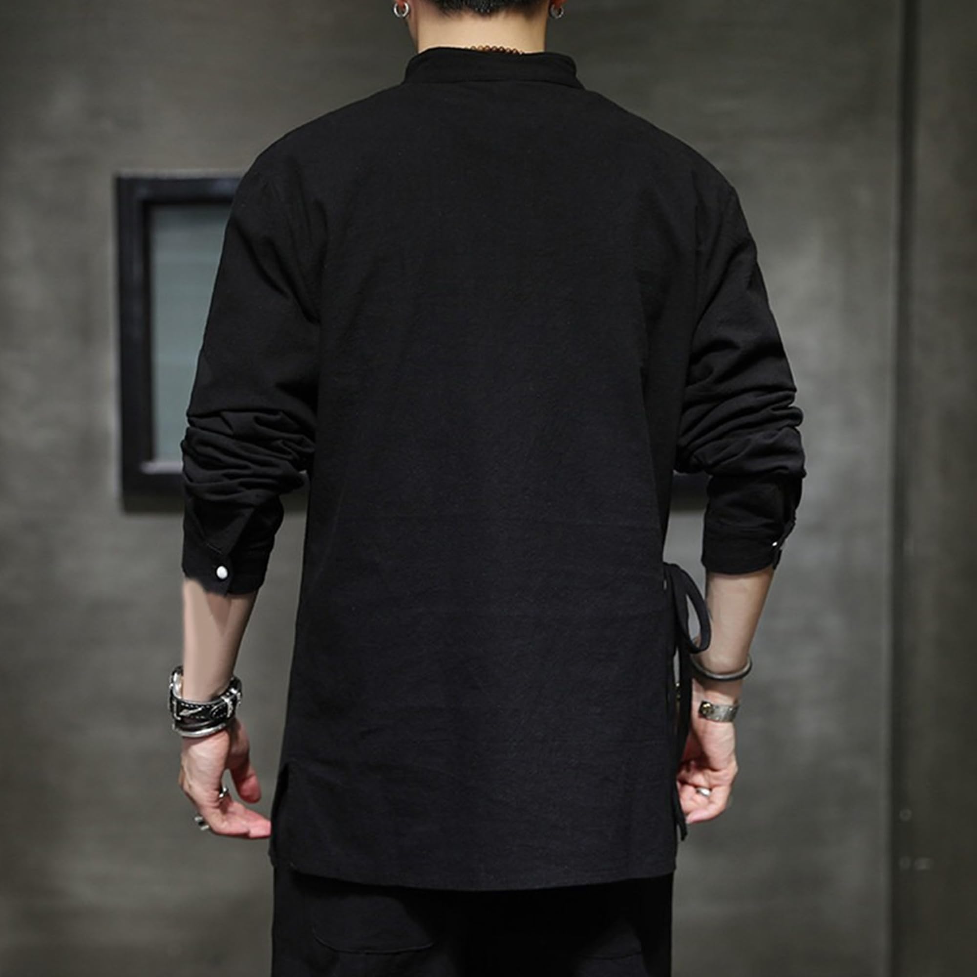 Camicia cinese tradizionale da uomo con colletto alla coreana asimmetrica | Chiusura con bottone a rana, colletto alla coreana, abbigliamento casual, vestibilità comoda, misto cotone e lino
