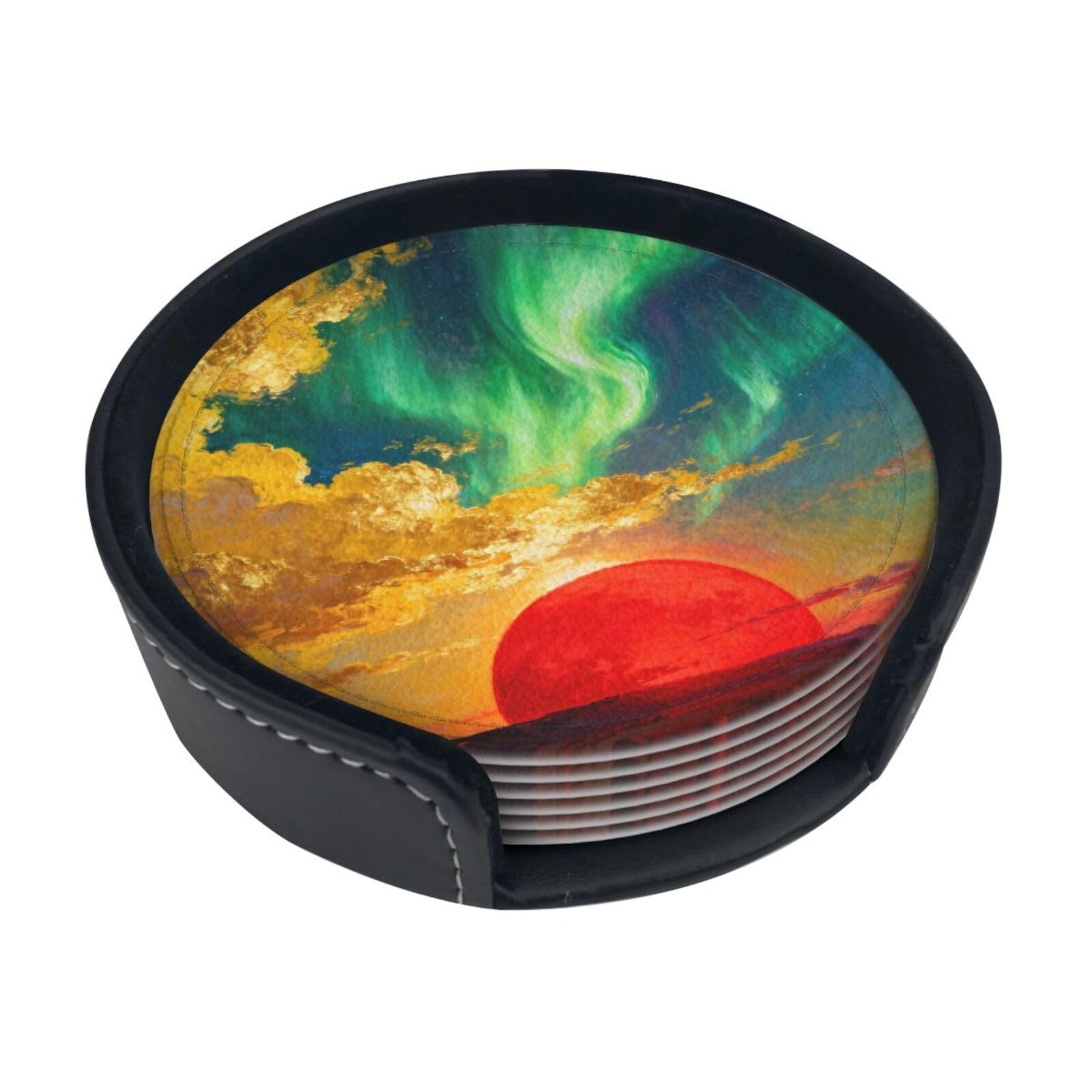 Cntdbu White Sun Cloud Aurora Leather Coasters Set Of 6-Pu Leather Drink Mats For Table, Heat Resistant Round Coasters With Holder