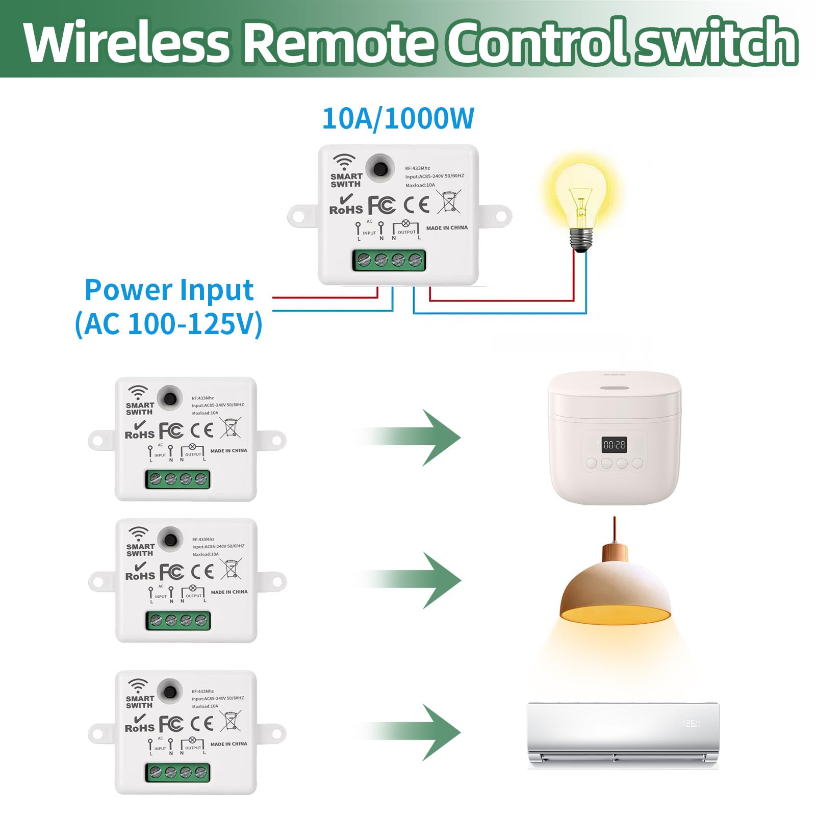 Interruptor de luz Inalámbrico, Interruptor Kit con Transmisor de RF y Controlador del Receptor 10A Fácil Instalación para Lámpara de Hasta 1500W, Control Remoto Alcance de 50M