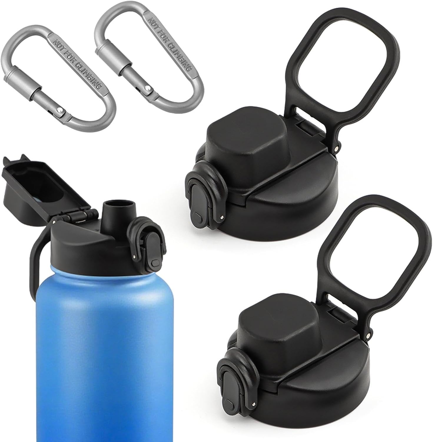 2 PCS Replacement Spout Lid for Wide Mouth with D-Ring Shape Locking Carabiner, Water Bottle Lid Replacement Compatible with Hy-DRO Flask, Bubba, Cont-igo, Iron Flask
