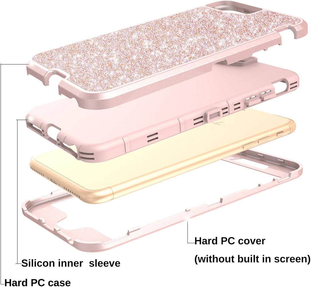 iPhone 7 Plus/8 Plus Case,Co-Goldguard Heavy Duty Slim Sparkle Bling Glitter Case 3 in 1 Thin Cover Case [Without Screen] Shinning Rubber Bumper Shell with Front Cover for iPhone 7+/8+ 5.5”,Pink