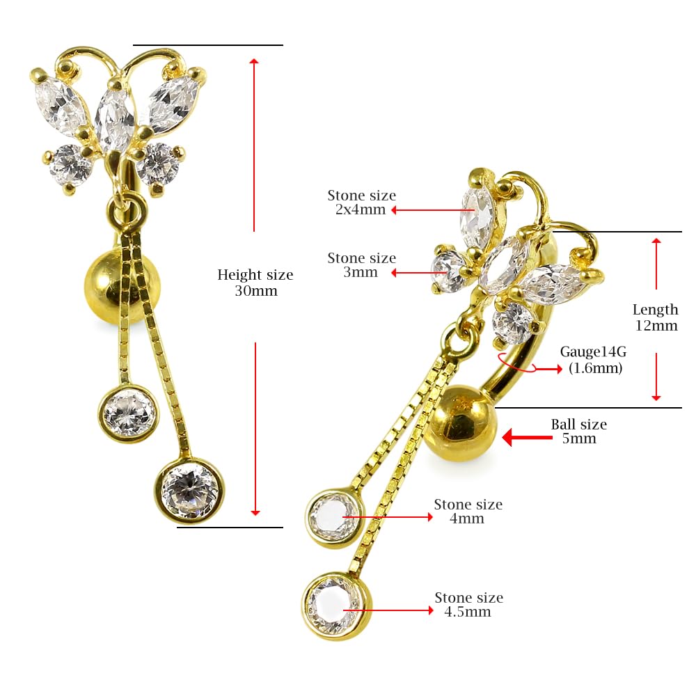 Monster Piercing Piercing para ombligo de oro amarillo macizo de 14 quilates con piedra circonita cúbica redonda en cadena colgante, calibre 14, joyería