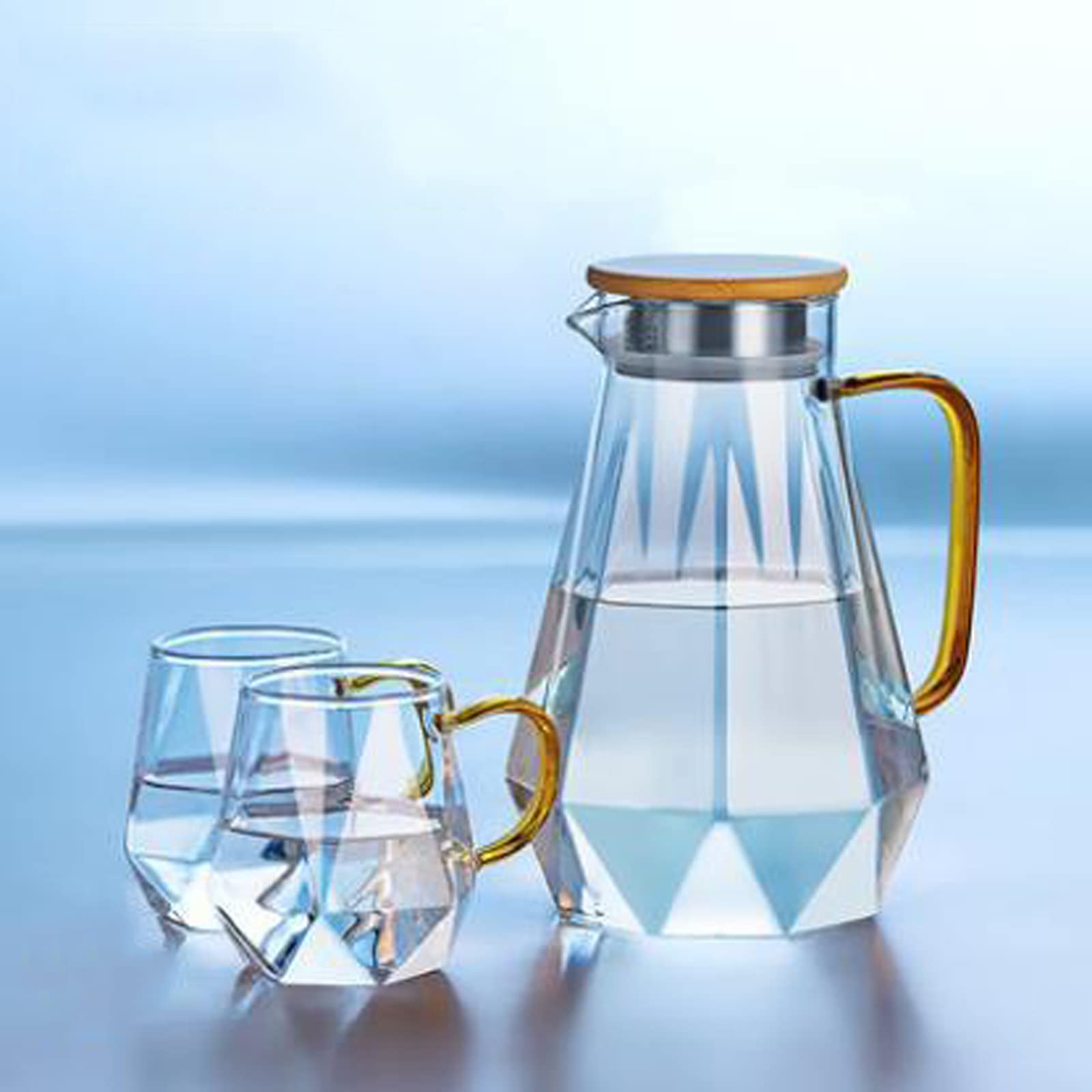 2000Ml/67.6 Oz Glass Teapot,Heatproof Glass Teapot,Borosilicate Glass Teapot,for Loose Leaf Tea, Hot/Iced Water, Juice Beverage,1.5l bamboo steel lid+2 cups