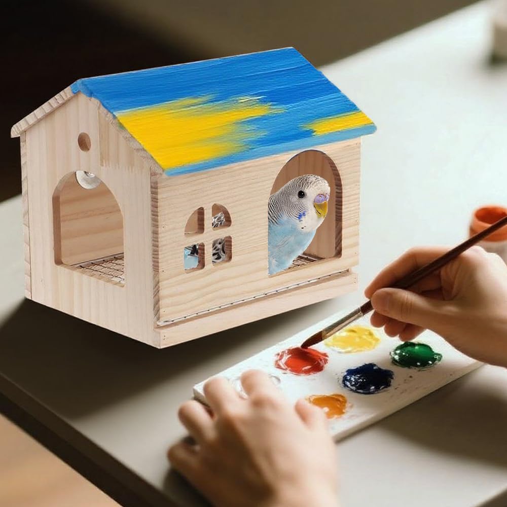 Nido per uccelli in legno per gabbie per piccoli uccelli, pappagalli, parrocchetti, calopsitte, parrocchetti, conuri, inseparabili, fringuelli (con rete inferiore in acciaio inossidabile)