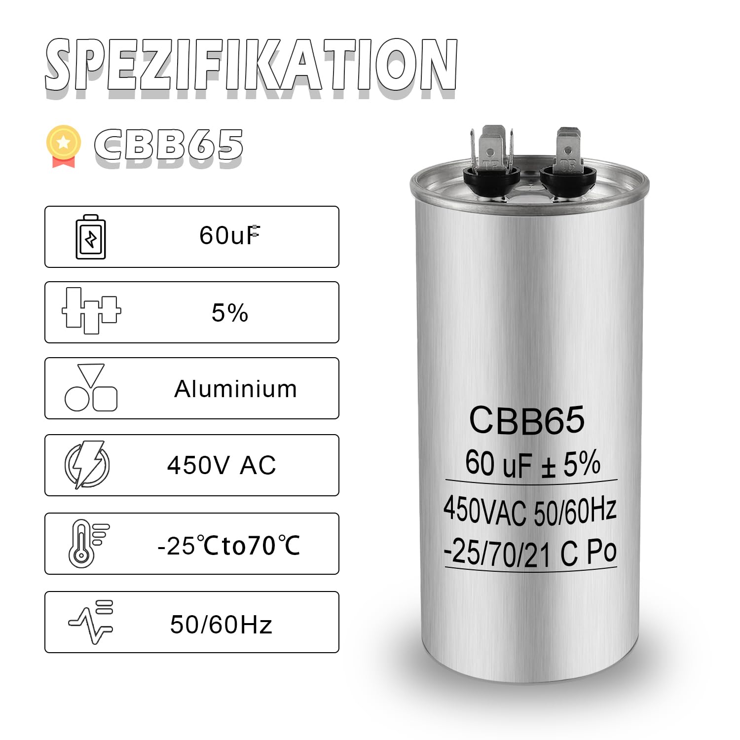 Iruihoo 60uF CBB65 Condensador de motor 450V CA 50/60Hz, 60µF arranque funcionamiento carcasa metálica