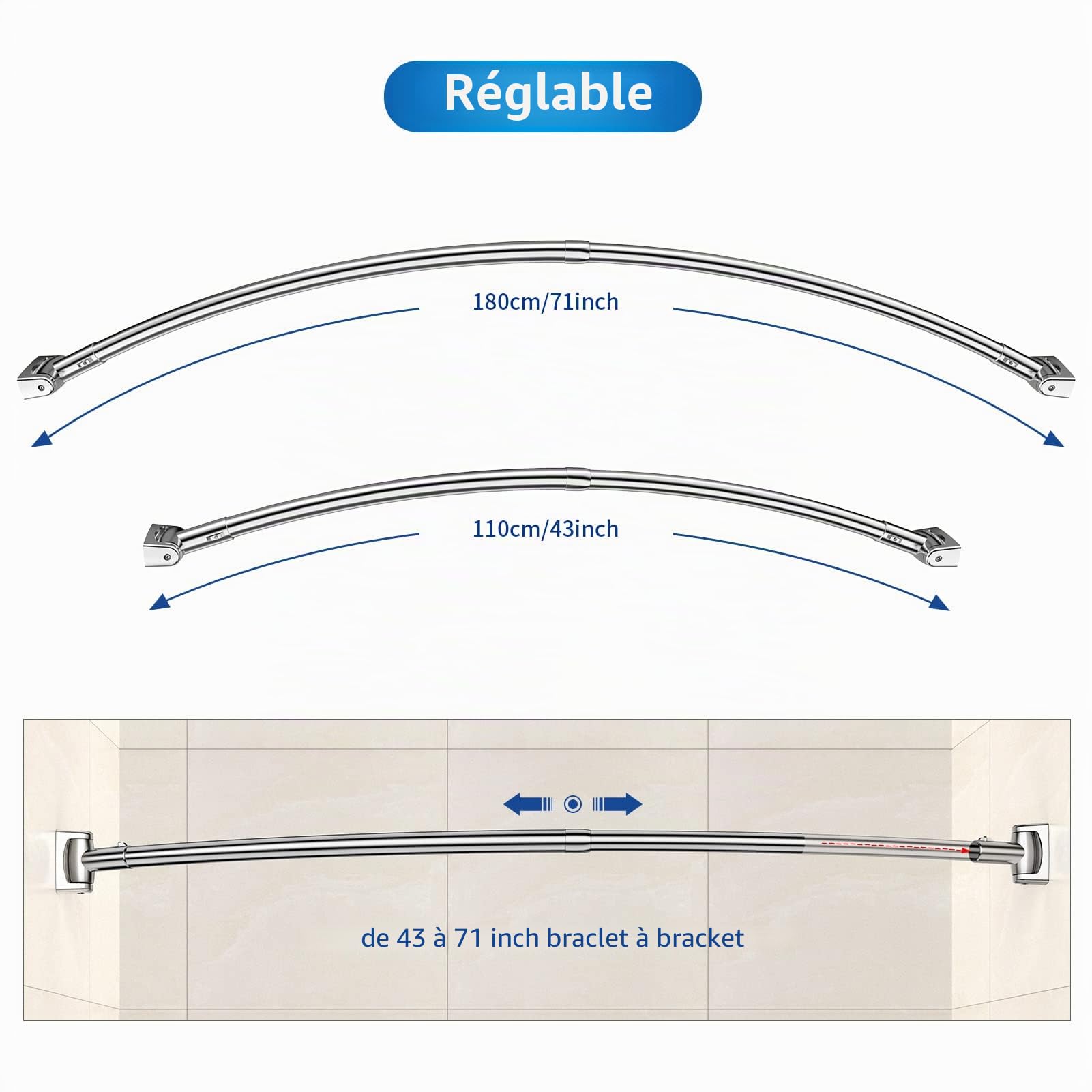 Tringle à rideau de douche incurvée réglable et extensible en acier inoxydable de 110 à 180 cm, design télescopique exquis personnalisable pour salle de bain, besoin de percer.