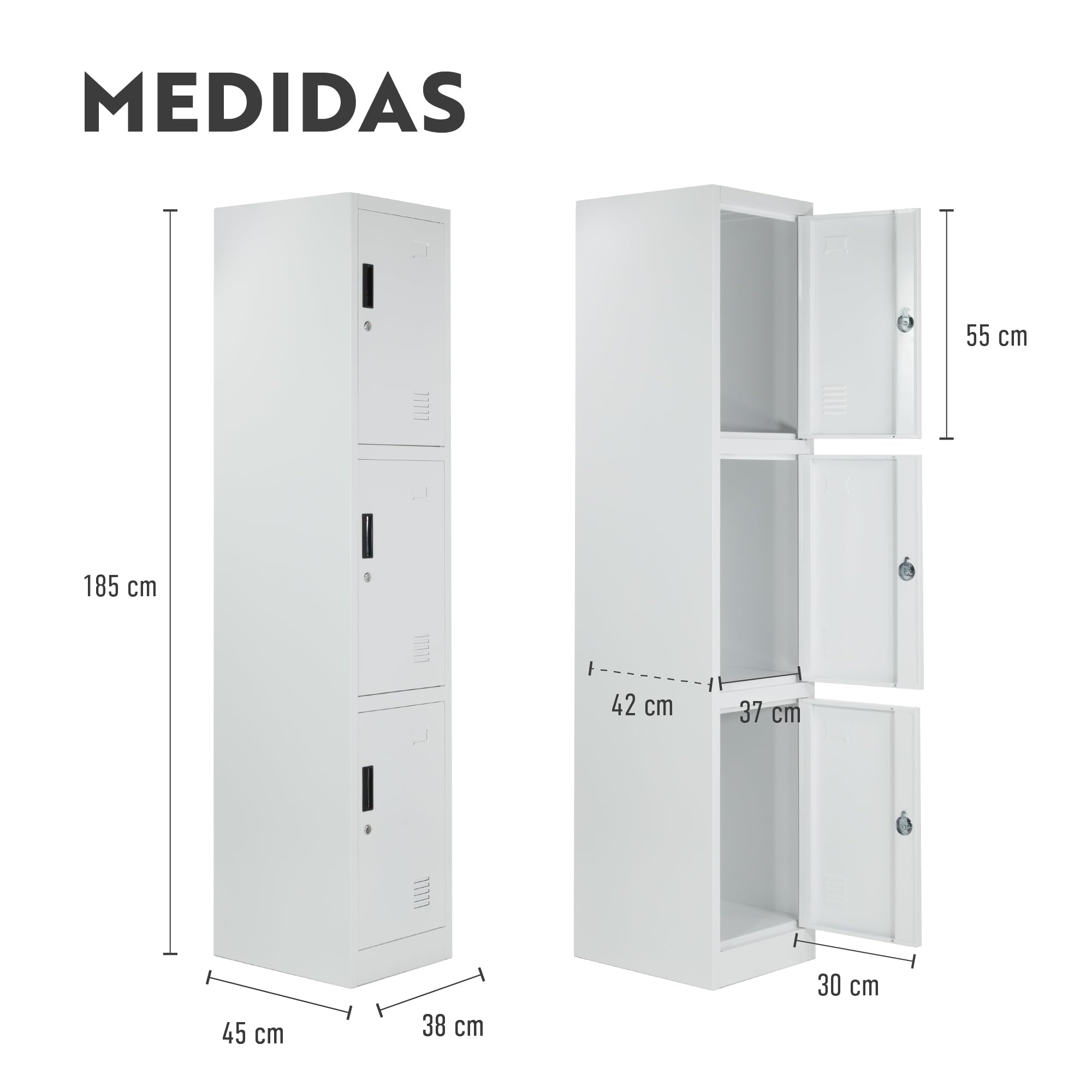 Taquilla Vestuario metálica 3 Puertas Blanca RAL 9016-185x38x45 cm con Cerradura - Incluye Llave | Armario metálico Estrecho para Garaje, Oficina, Gimnasio, Vestuario, Locker Individual