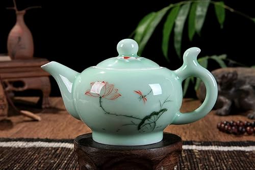 Miniatura 2 de HOTUMN Teteras para té suelto de cerámica con tapa (patrón de loto y pescado) Tetera china hecha a mano, regalo para familiares y amigos (6.8 onzas)