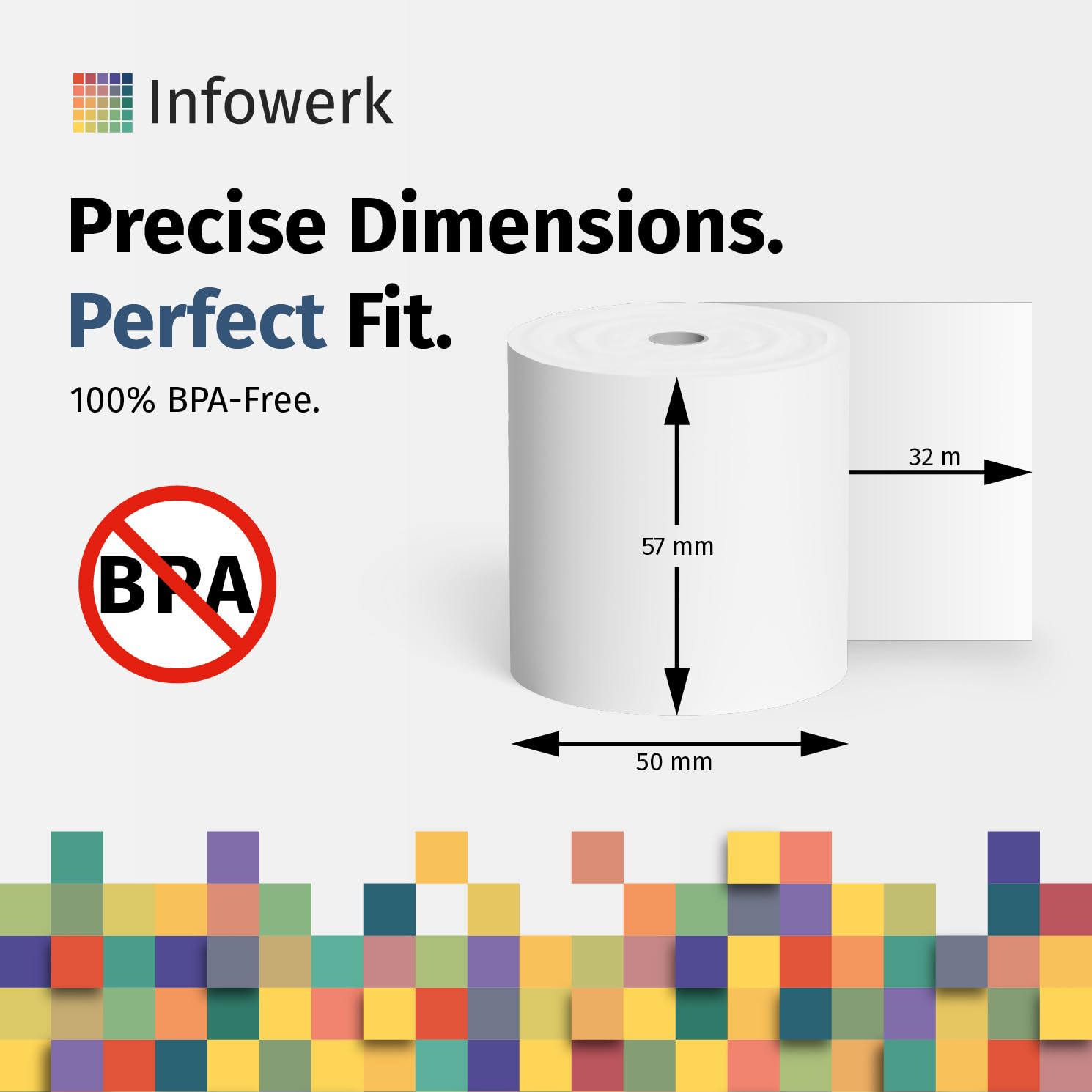 Nowość: Infowerk rolki termiczne/rolki kasowe, 100 rolek, 57 mm x 50 mm x 12 mm, 32 m, certyfikat PEFC, certyfikat środowiskowy, do EPSON, IBM i wielu innych.