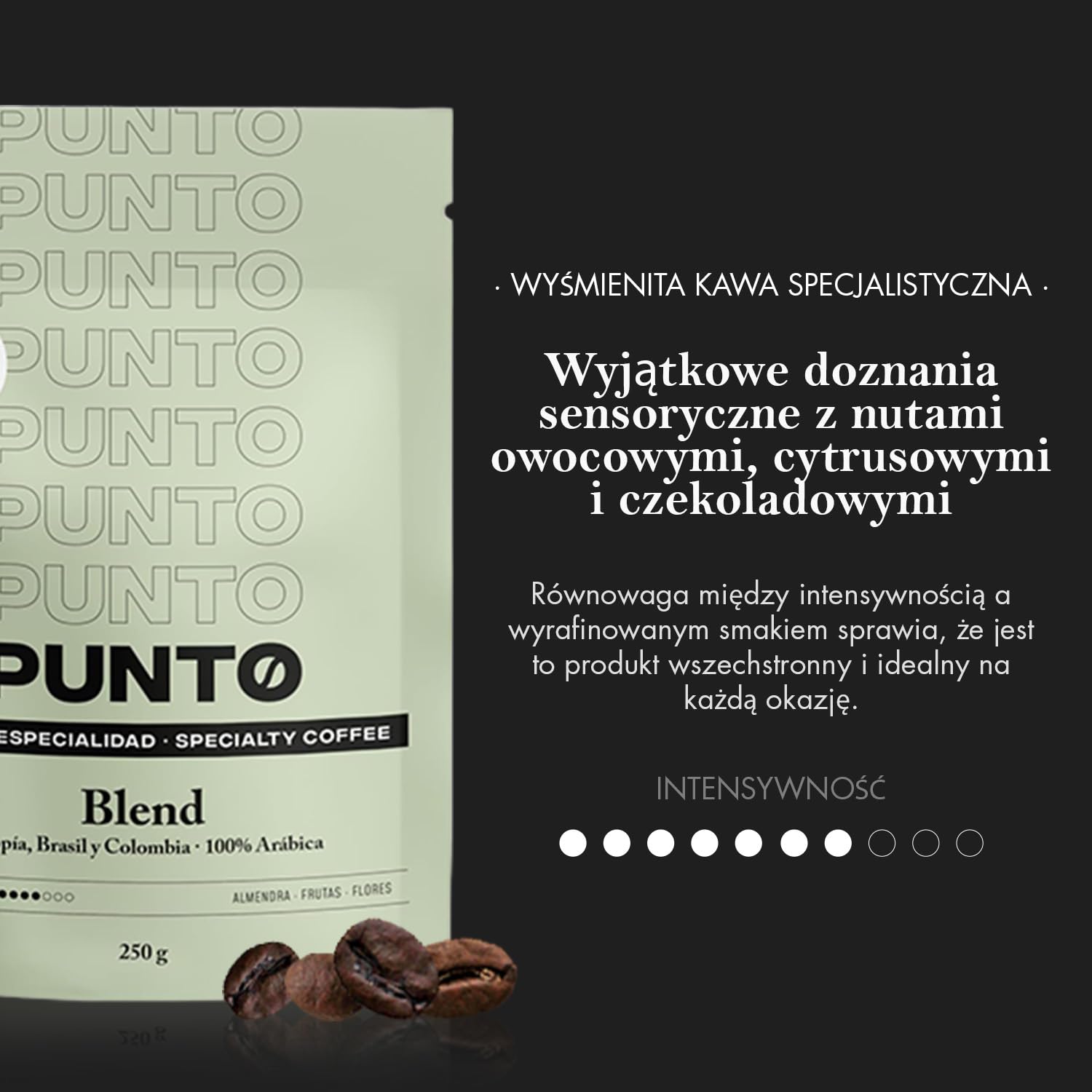 PUNTO - Specjalne opakowanie ziaren kawy 4 x 250 g - Punto BLEND + Peru + Ethiopia + Colombia - 100% kawa Arabica - średnio palona i treściwa - intensywność 5-7/10