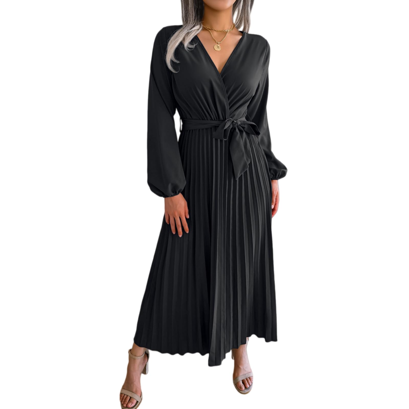 Vestito Donna Elegante Maxi Abito, V Collo Maniche Lunghe Abito Piegato per Ospite di Nozze, Festa Casual E Abiti Giornalieri-Black-m