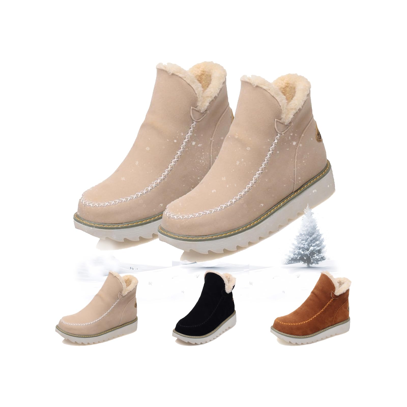 Womens Flat Fluffy Ankle Boots Platform Snow Boot with Side Zipper Faux Fur Lining Splash-Resistant Solid Casual Comfortable