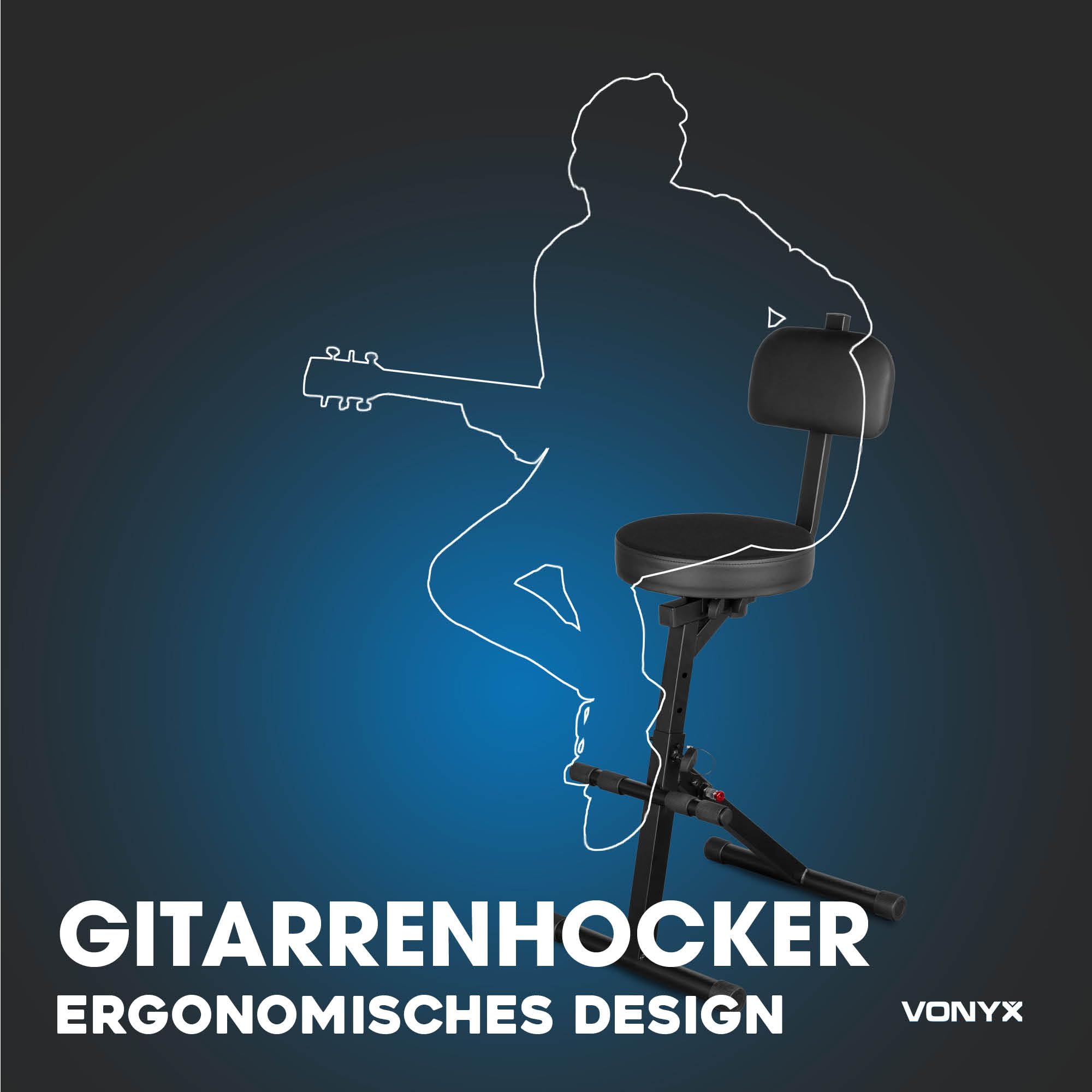 Vonyx Gitarrenhocker – Höhenverstellbar mit Lehne & Fußstütze – Klappbar für Keyboard & Schlagzeug, Bis 100 Kg, Arbeitshocker - Schwarz