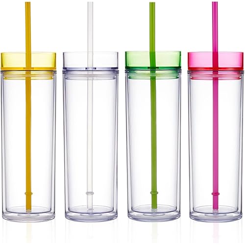 16oz Double Wall Insulated Skinny Acrylic Tumblers with Lid, Great Reusable Plastic Cups Tumblers for Cold Drinks (Colored, 4)