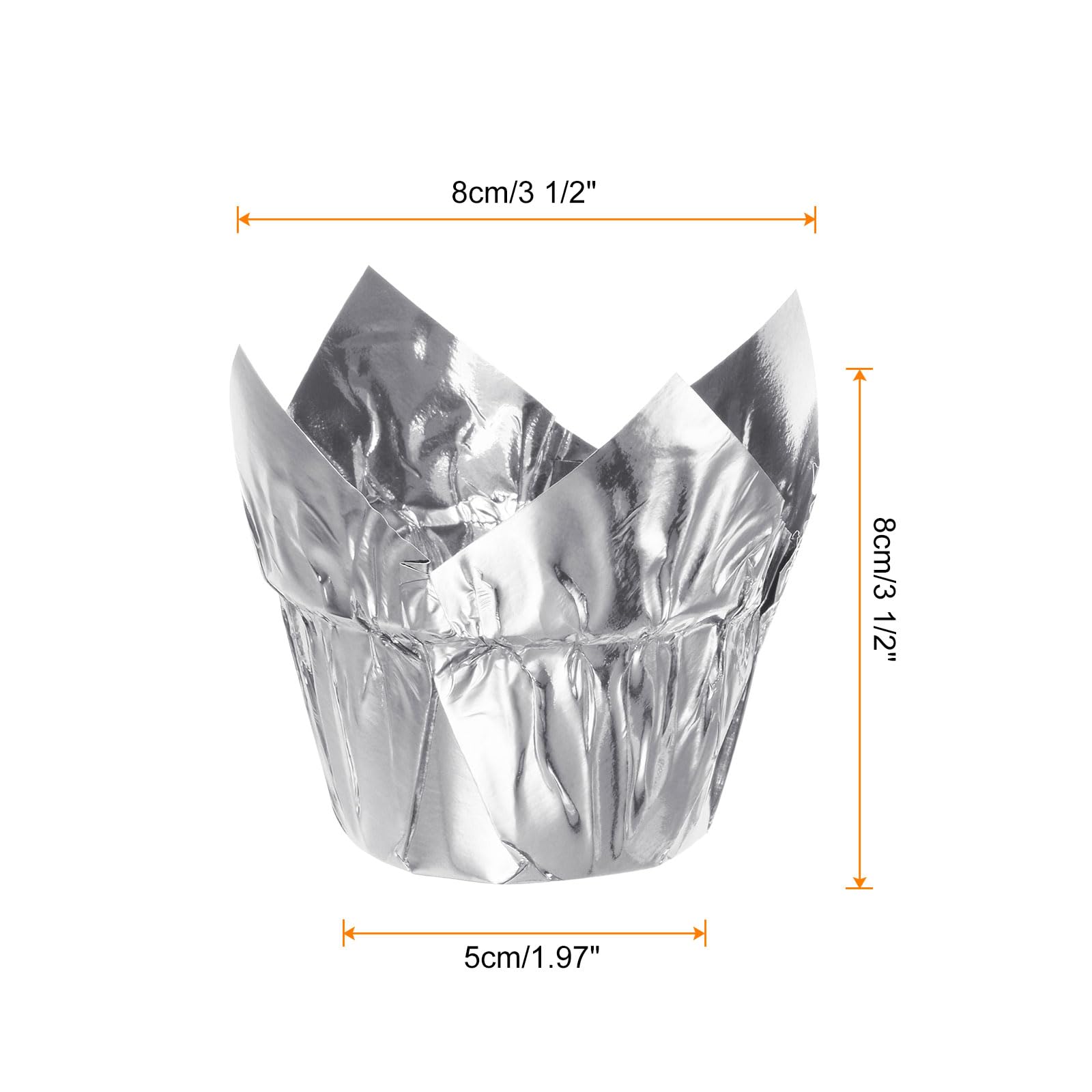 HARFINGTON 50Pcs Tulip Cupcake Liners Standard Aluminum Foil Baking Cups Greaseproof Wrappers Disposable for Birthday Banquets Party, Silver Tone