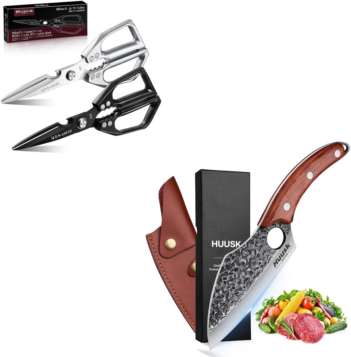 Huusk Knives, Hand Forged Meat Cleaver Butcher Knife for Meat Cutting, Japanese Kitchen Viking Knife with Sheath, Kitchen Scissors for Meat, Chicken Bones, and Turkey