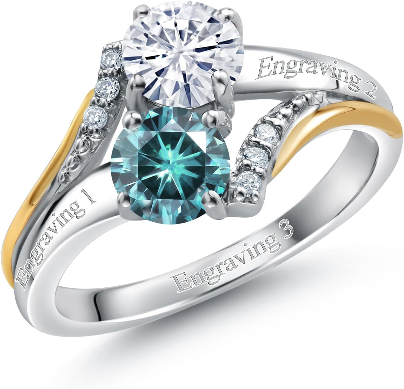 Gem Stone King Customized Personalized Engraved 2-Stone Engagement Ring for Women | 925 Silver and 10K Yellow Gold | 5MM Round Gemstone Birthstone and White Lab Grown Diamond | Size 5-9