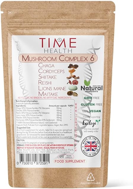 Mushroom Complex 6 | 120 Capsules | Maximum Strength | Chaga, Cordyceps, Shiitake, Reishi, Lions Mane, Maitake | Zero Additives | 100% Vegan | UK Made (120 Count)