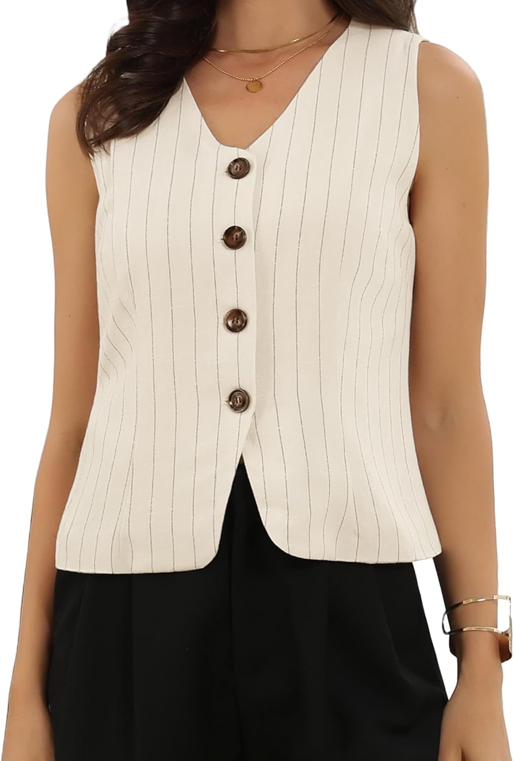 Allegra K Vest Tops for Women Striped Linen V Neck Sleeveless Button Down Waistcoat Business Casual Summer Crop Tops