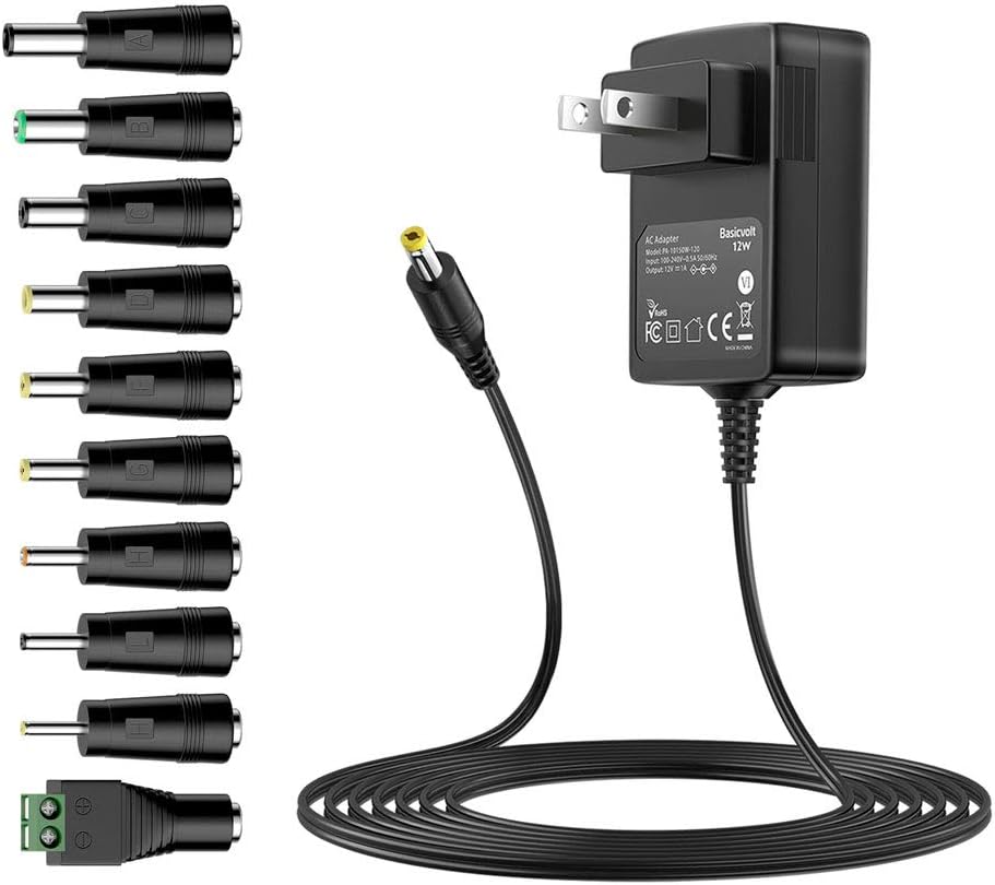 BasicvoltUniversal 12V 1A AC Adapter 12Volts 1000mA DC Power Supply for LED Strip Light, BT Speaker, Baby Monitor, CCTV Camera, GPS, Webcam, Router, DC12V Transformer W/ 10 DC Tips