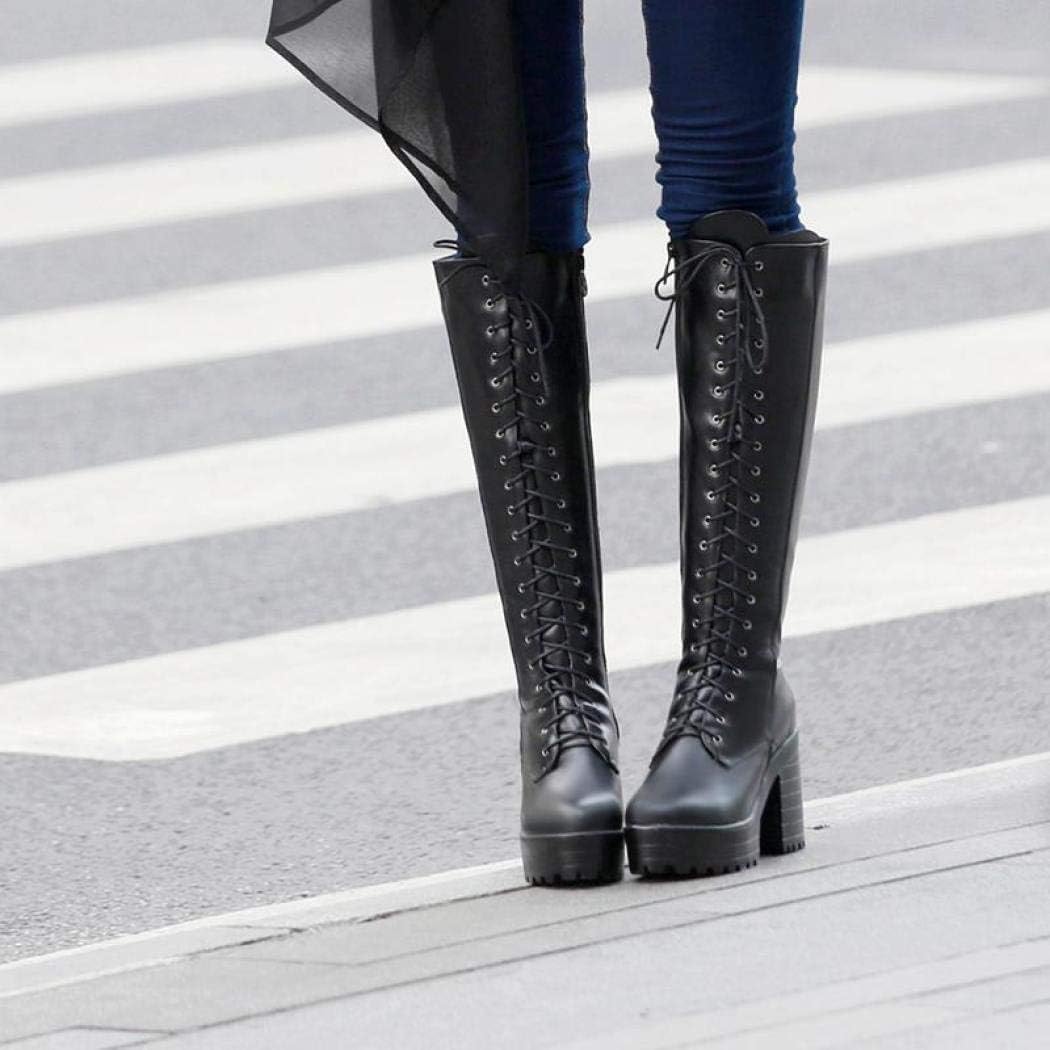 Women's Knee High Goth Platform Buckle Boots Round Toe Chunky High Heel Lace Up Punk Combat Military Boots