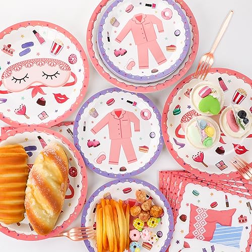 Image of Pajama Party Plates Napkins Sleepover Tableware Set - Spa Party Dinnerware Slumber Cutlery for Girls - Disposable Decoration for 24 Guests