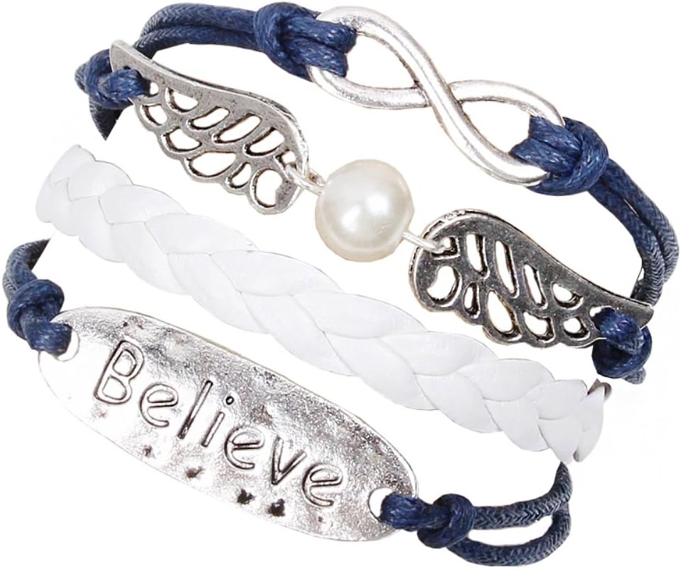Christmas Gifts for Men or Women-MARENJA Fashion-Blue and White Leather Wax Cord Braided Woven Bracelet "Believe" Plate and Angel Wings with Infinity Sign 15-20cm