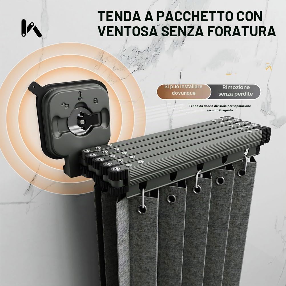 Generico Tenda da Doccia Senza Fori, Tenda da Doccia Pieghevole, Asta per Tenda da Doccia a Forma di L/U con Potente Ventosa, Tende da Doccia Antimuffa Impermeabili/Lavabili,Dark Gray,2 Folds