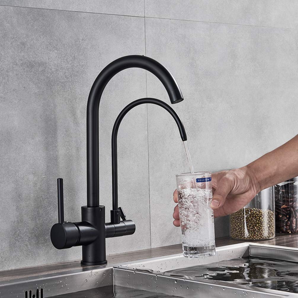 ZYCHSJXA Black Purify Kitchen Mixer Tap 3 Way with Filter Deck Mounted Dual Handle Purification Sink Faucet 2 Swivel Spout Water for Kitchen,Black