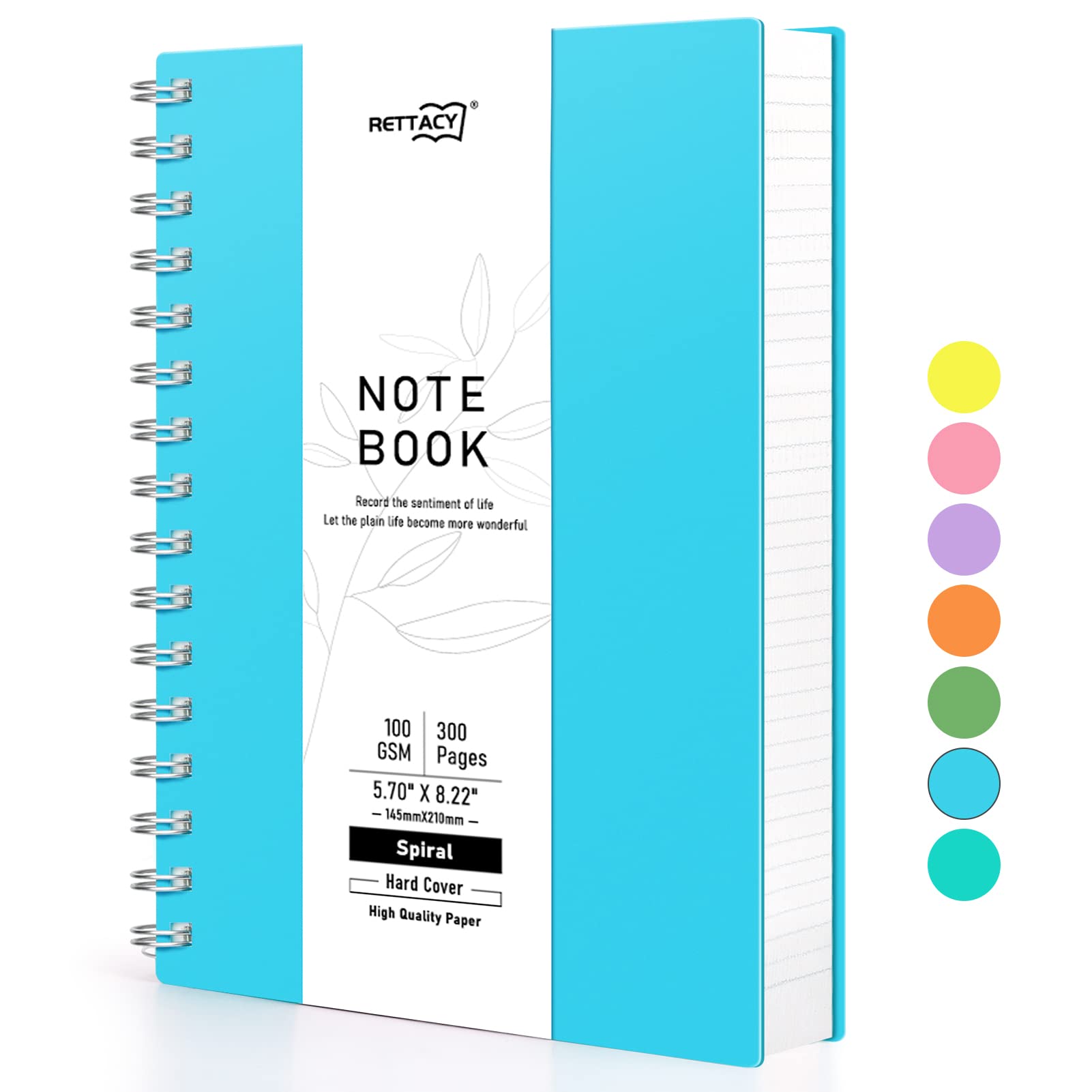RETTACY Bloc de notas A5, cuaderno de espiral, 300 hojas/150 páginas para escribir, papel rayado universitario de 100 g/m², tapa dura de PVC, 14,5 x 21 cm, azul