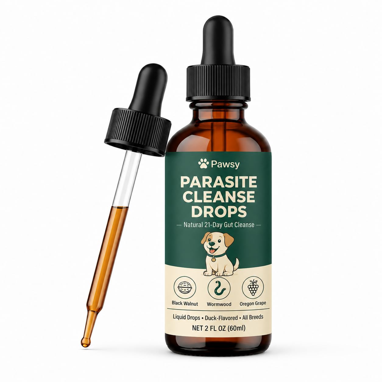 Pawsy Parasite Cleanse Drops, Herbal Digestive Support Liquid for Dogs, Daily Gut Wellness Formula with Probiotic Blend for Small Medium &amp; Large Dogs, 2 Fl Oz