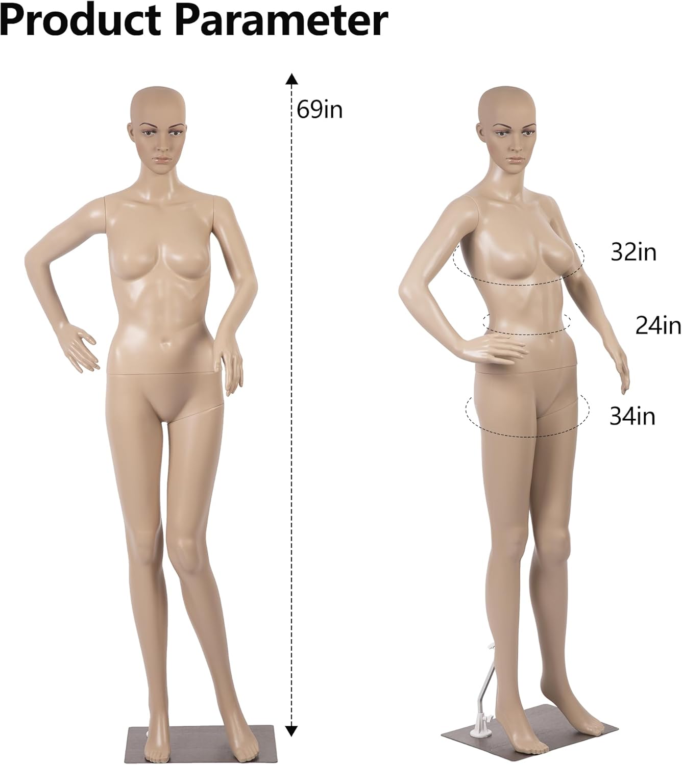 Full Body Mannequin 69 Inch Clothing Mannequin Female Clothes Form Stand Rotatable Detachable Head Arm with Metal Base Used for Display Clothing