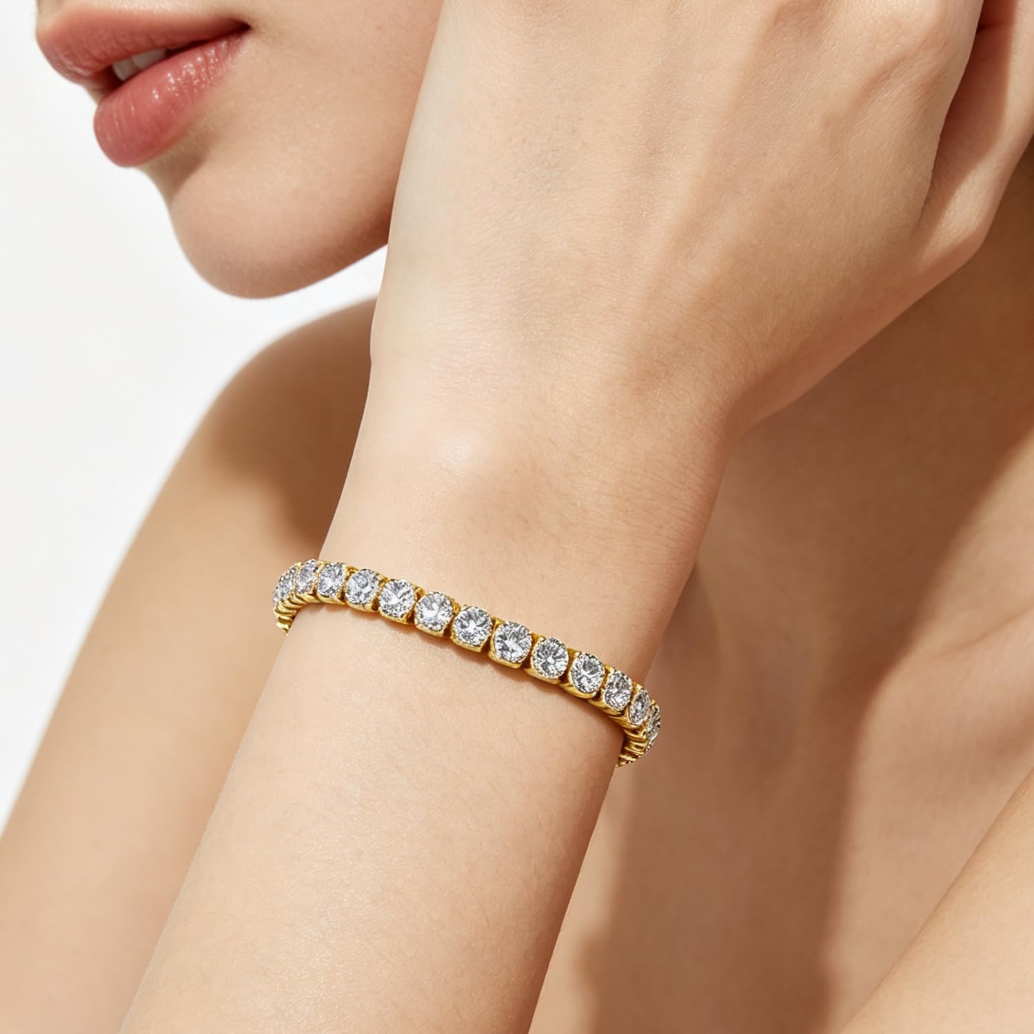 2PCS Golden Classic Tennis Bracelet, Sparkling Cubic Zirconia Bracelet with Secure Box Clasp, Elegant Stackable Silver Bracelet for Wedding, Party & Daily Wear