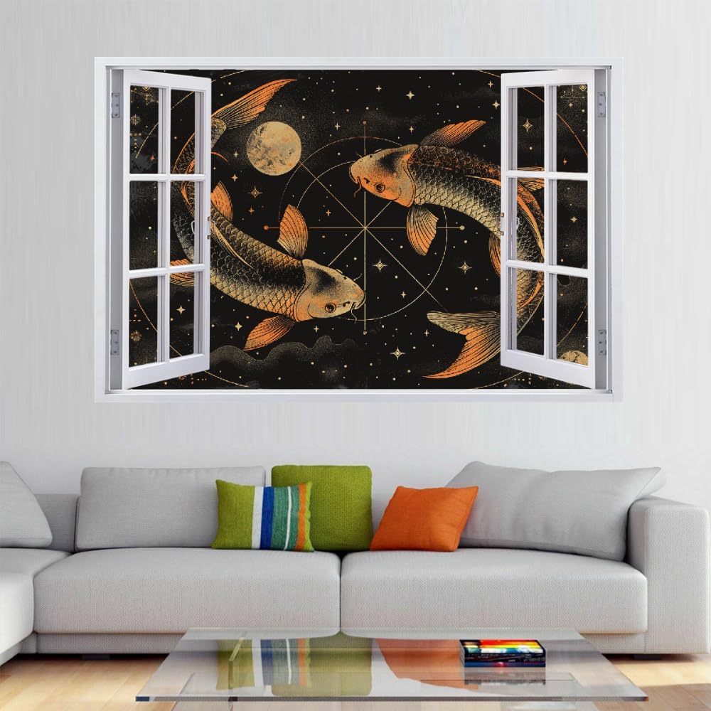 Pegatinas de pared Murales Calcomanías, Pez Koi Tatuaje De Pared 3D Roto, Luna Retro Vinilo De Pared Para Decoración De Arte Del Hogar, Decoración De Habitación De Niños 120x80cm