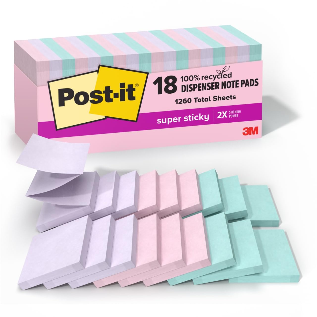Post-it 100% Recycled Paper Super Sticky Pop-up Notes, 18 Sticky Note Pads, 3 in. x 3 in., Wanderlust Pastels, Back to School Supplies and Office Products