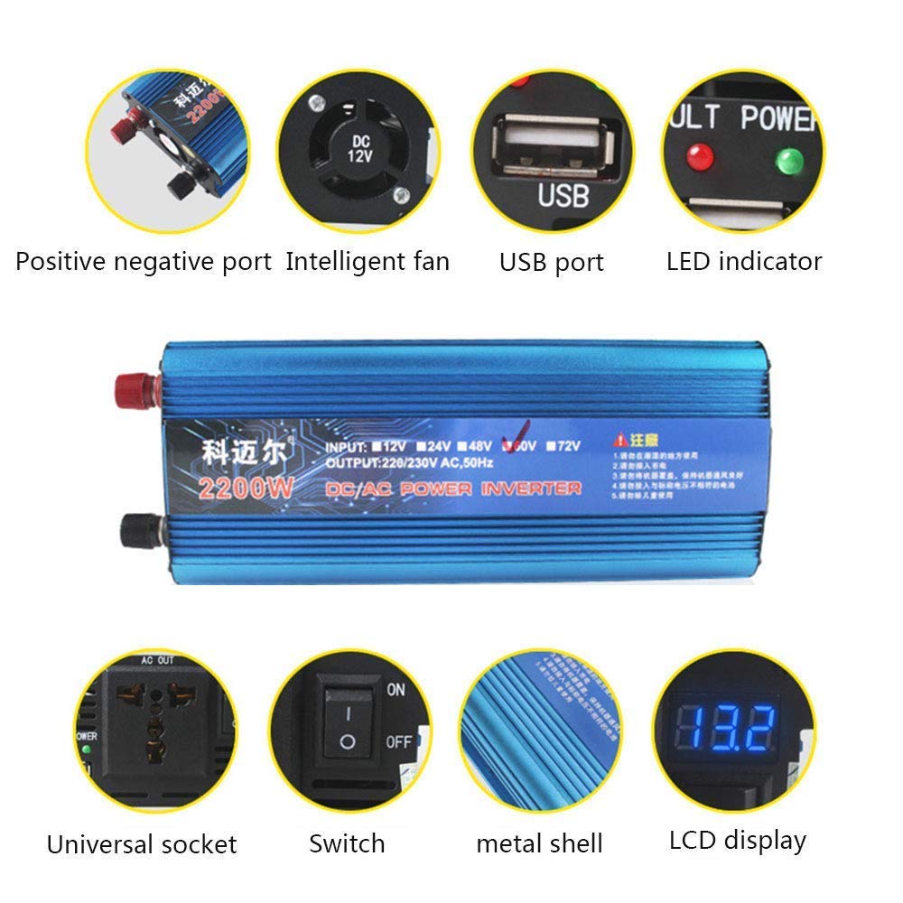 Inversor de corriente 1200w 1600w 2200w, inversor de onda sinusoidal modificada Dc 12v/24v/36v/48v/60v/72v a AC 220v/230v Convertidor de potencia con puerto USB para automóviles, caravanas, barcos,