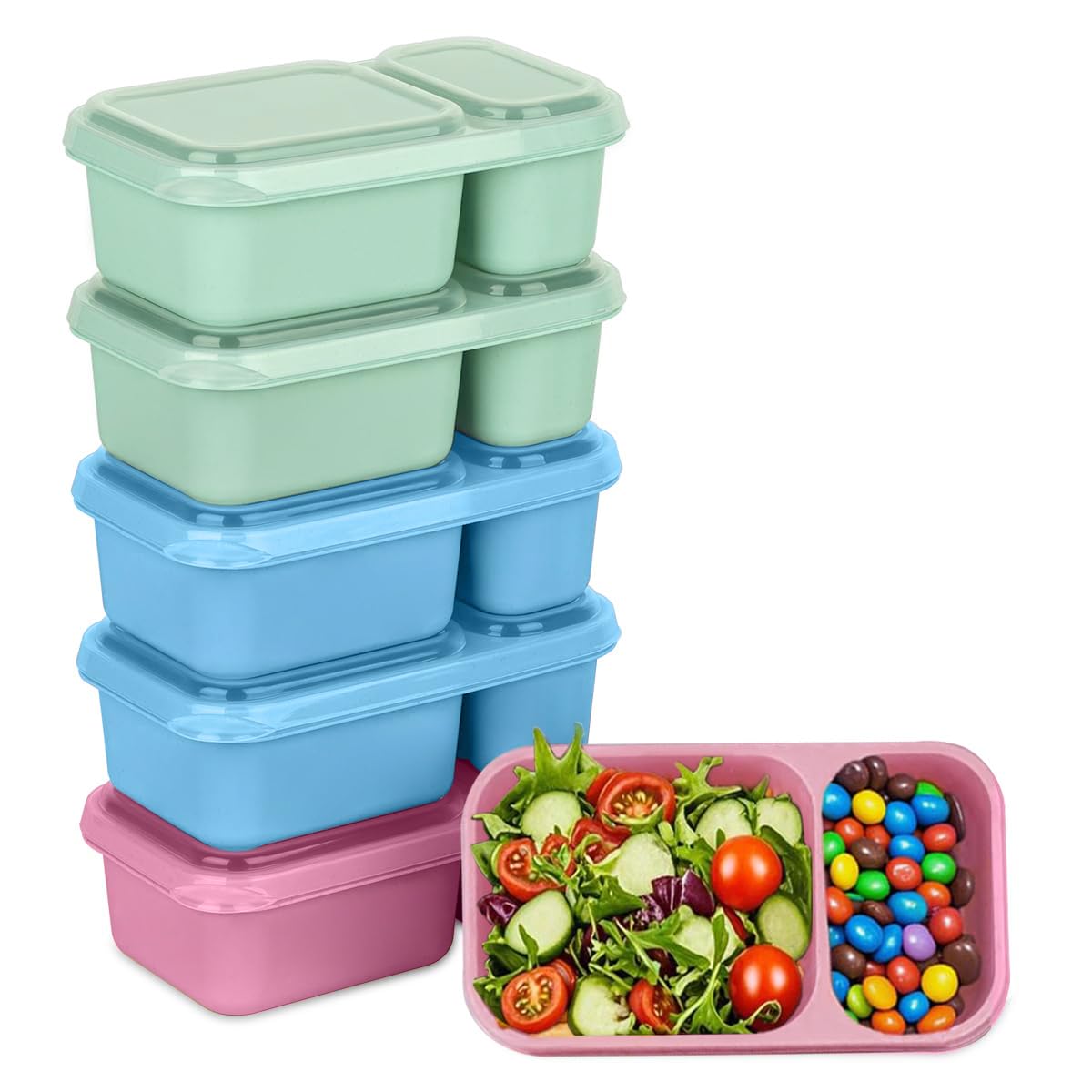 MEEYUU 6 Pack 2-Compartment Reusable Snack Containers with Lids, Reusable Snack Packs for Meal Prep Food Storage On-the-Go Snacking (Blue&Green&Pink)