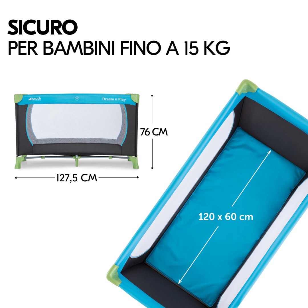 hauck Set Dream N Play Culla da Campeggio con Materasso 120x60cm - Culla neonato da Viaggio Pieghevole - Lettino da Campeggio per Bambini con Borsa - Blu Acqua
