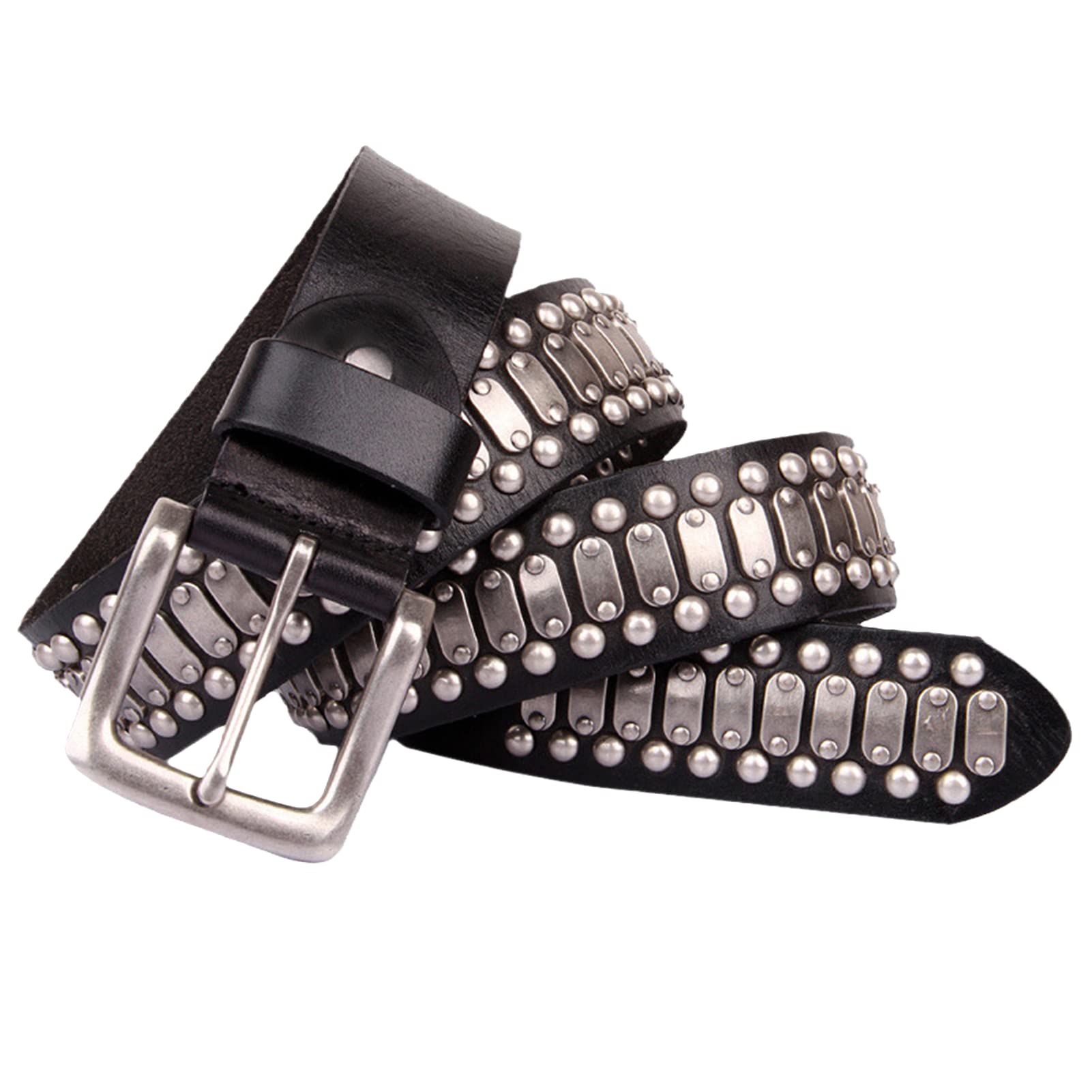 Damen Herren Gürtel Echtleder Leder 3 Reihen Runde Nieten Ledergürtel Mit Legierung Schnalle Dornschließe L Gürtel Für Jeans, Hosen, Gothic, Punk, Rockwear,Schwarz,105cm/waist:34"~36"