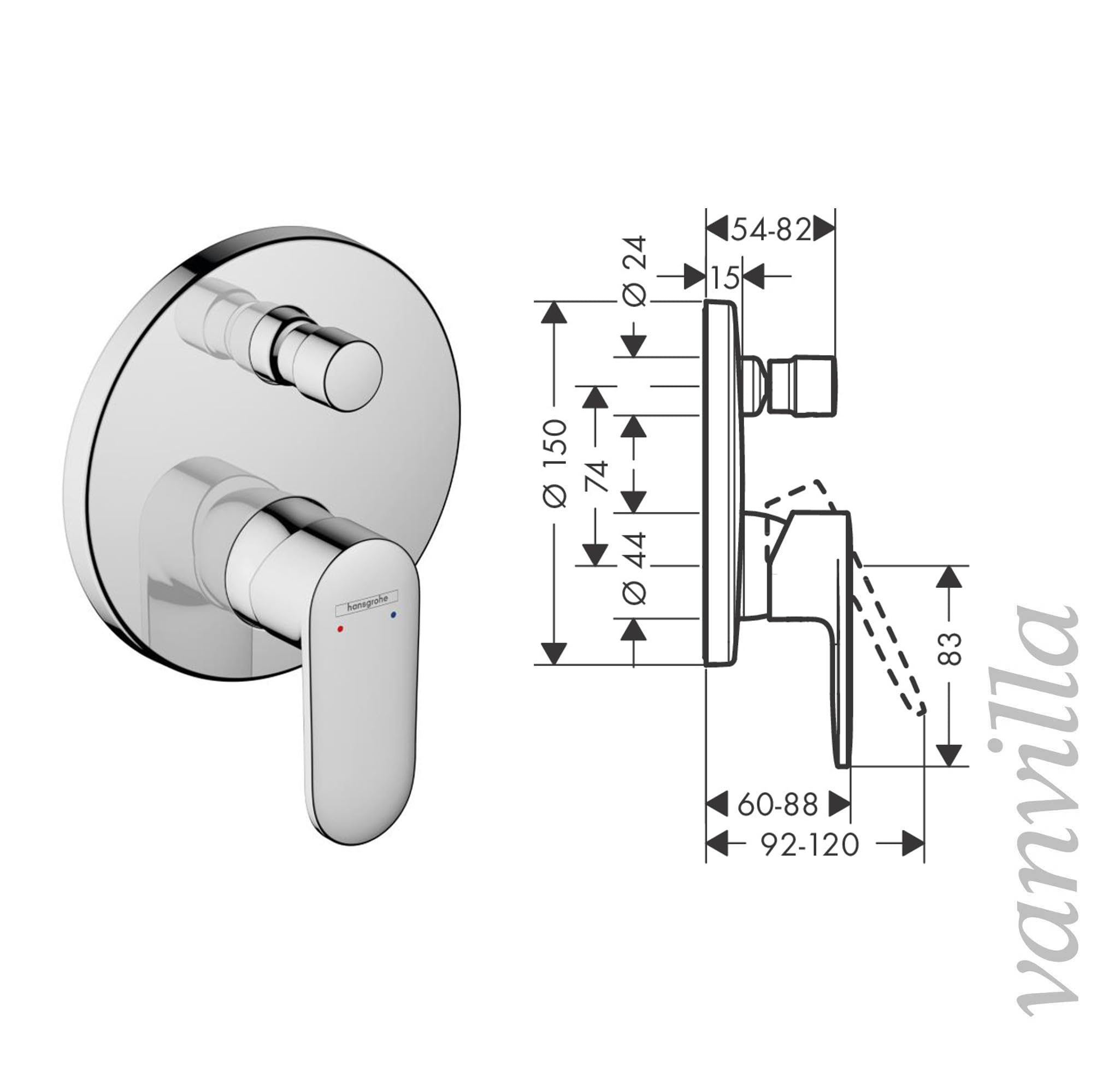 vanvilla Duschsystem Unterputz mit Duscharmatur Hansgrohe poliert HGE105-ob