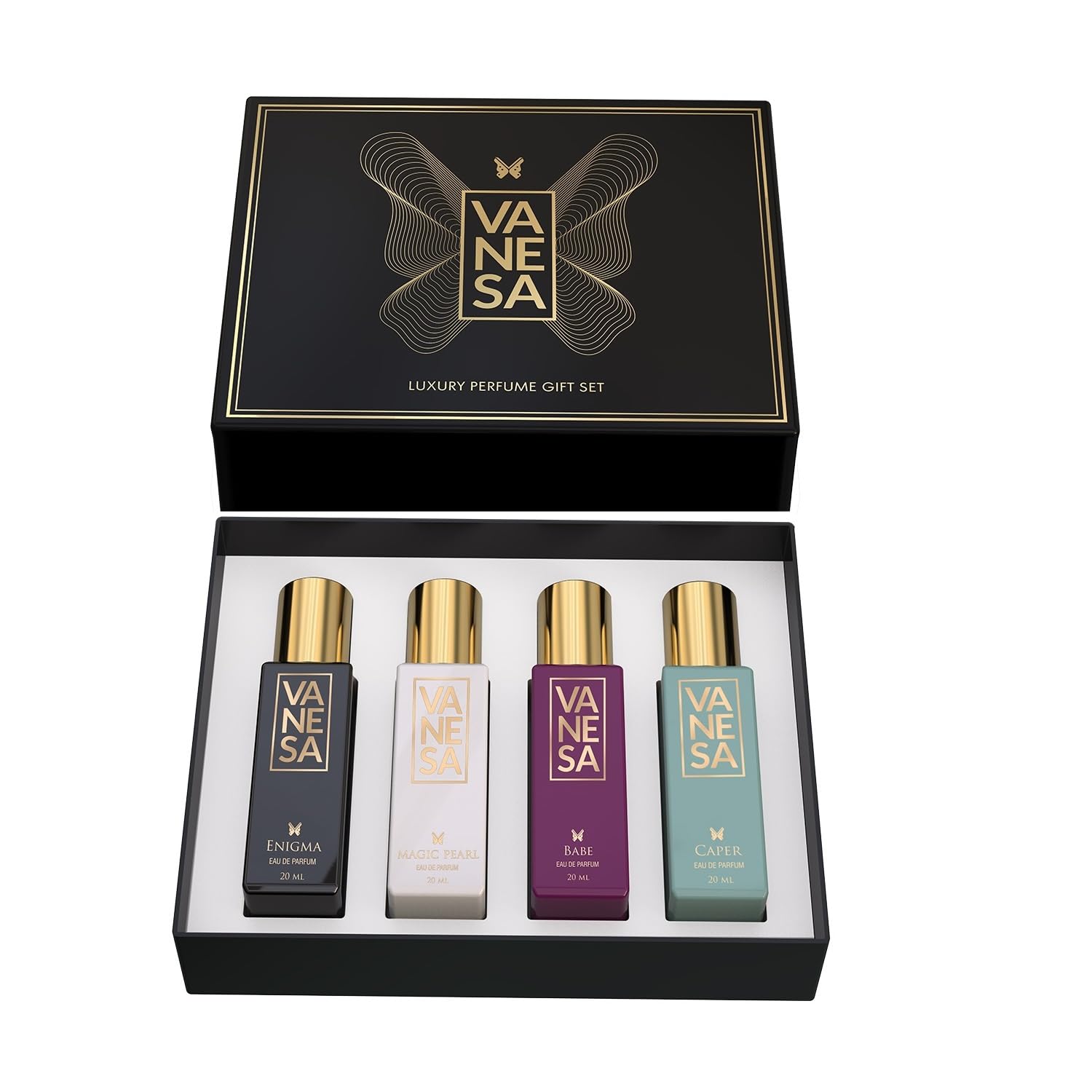 Vanesa Luxury Gift Set - Enigma + Magic Pearl + Babe + Caper (20ML Each Perfume Sprays) | Best Gift Set Travel Size Pack for Women & Girls | Long Lasting EDP-picture-31