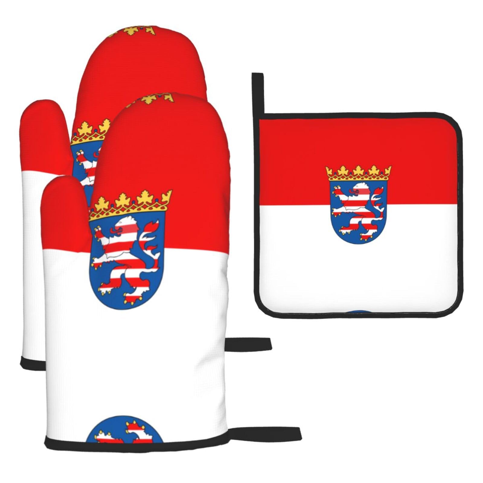 Flag of Hesse Oven mittens and oven mitts three-piece set suitable for oven, grilling, baking, microwave and home cooking.