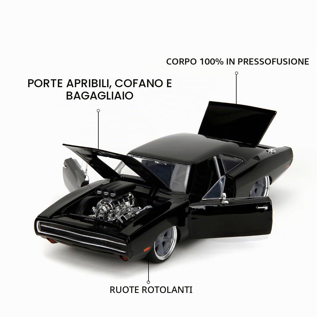 Jada Toys Fast and Furious - Modellino auto Dodge Charger R/T 1970 (nero) – Auto cinematografica in Fast & Furious 10 (Fast X) con parti apribili, scala 1:24 (20 cm), per fan a partire dagli 8 anni in