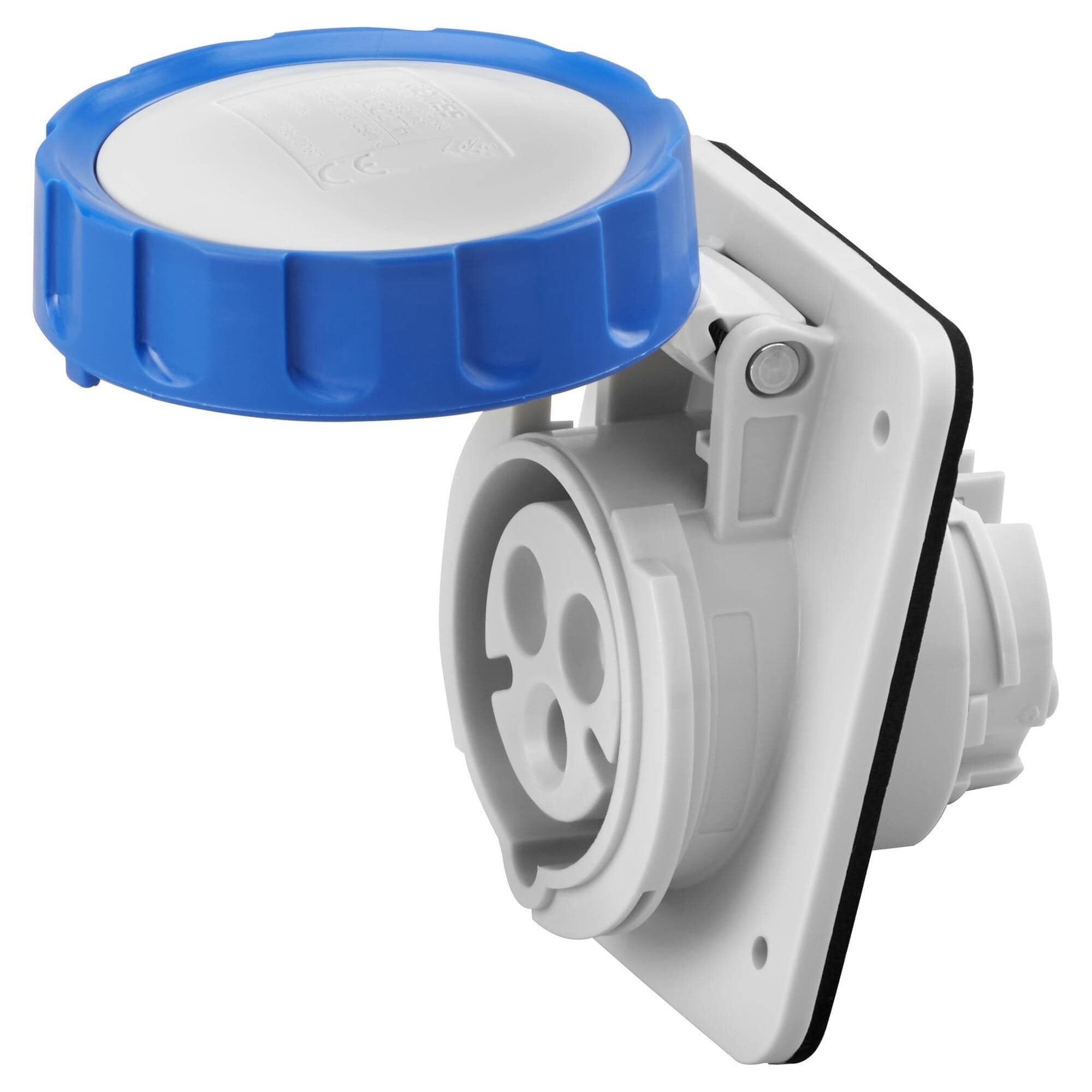 Gewiss10° ANGLED FLUSH-MOUNTING SOCKET-OUTLET HP - IP66/IP67-2P+E 32A 200-250V 50/60HZ - BLUE - 6H - SCREW WIRING PNL.MTG QUICK FIX GW62238H