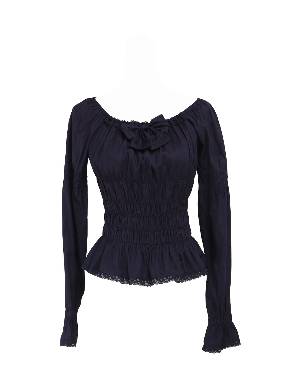 an*tai*na* Camicia Tradizionale Lolita vittoriana Vintage in Cotone Nero con Pizzo e Fiocco Arricciati