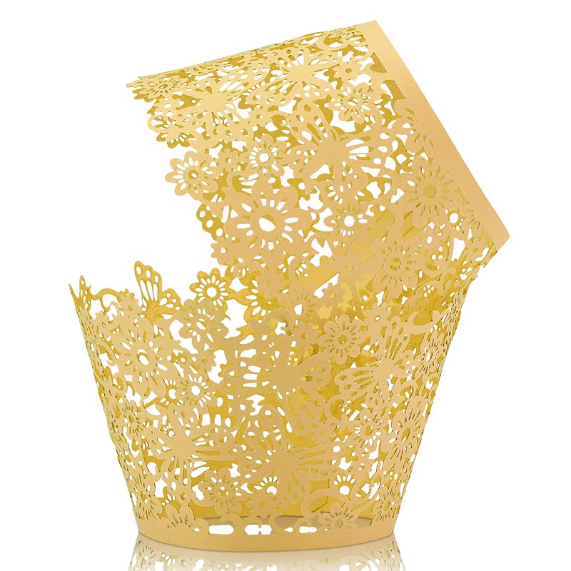 NANJIL JGW003 KOSTOO Cupcake Wrappers 50pcs/Pack Lace Cupcake Liners Laser Cut Cupcake Papers Cupcake Muffin Cups for Christmas/Wedding/Birthday Party Decoration (Golde),8cm x 5.5cm/3.2inch x 2.2inch