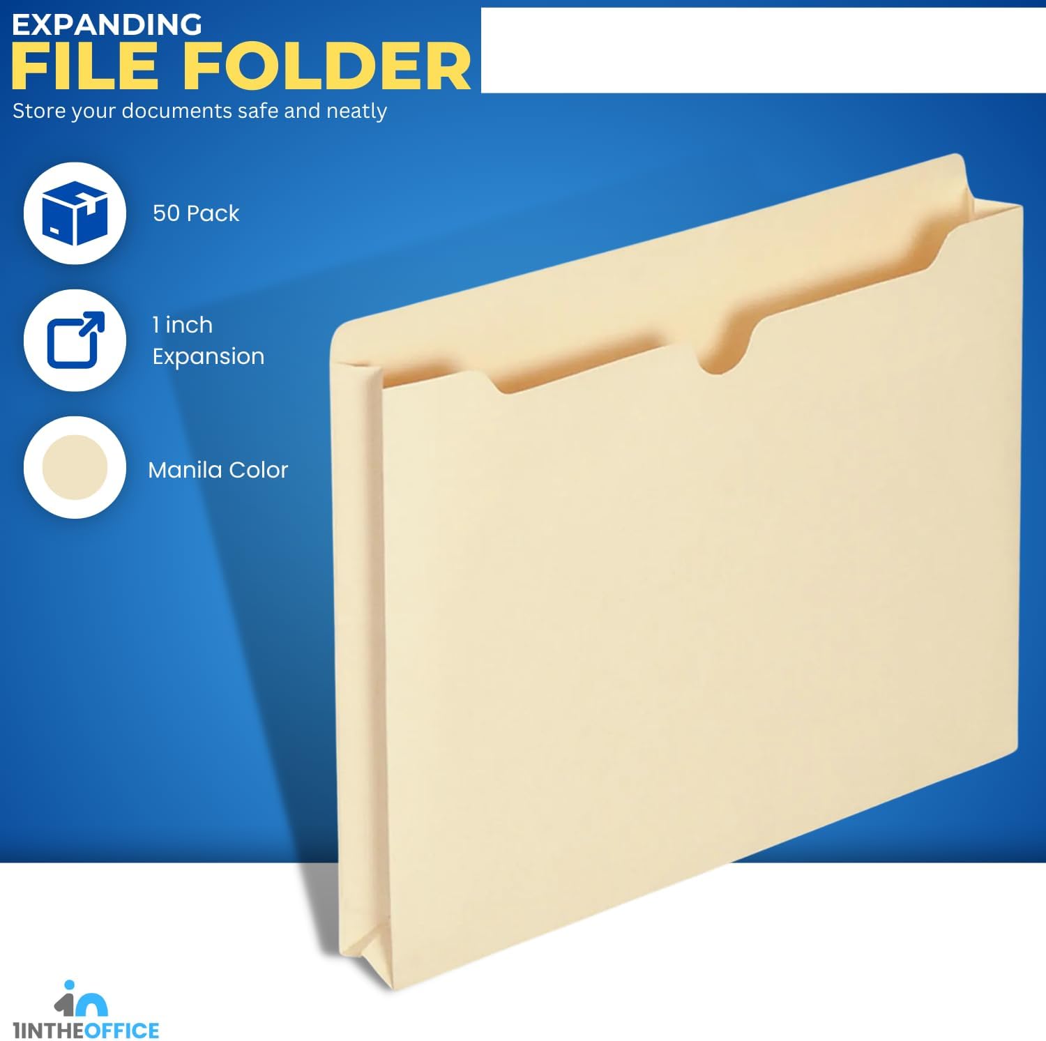 1InTheOffice File Jacket Folders, Manila, Letter Size, Reinforced Straight-Cut Tab, 1" Expansion, 50 Pack