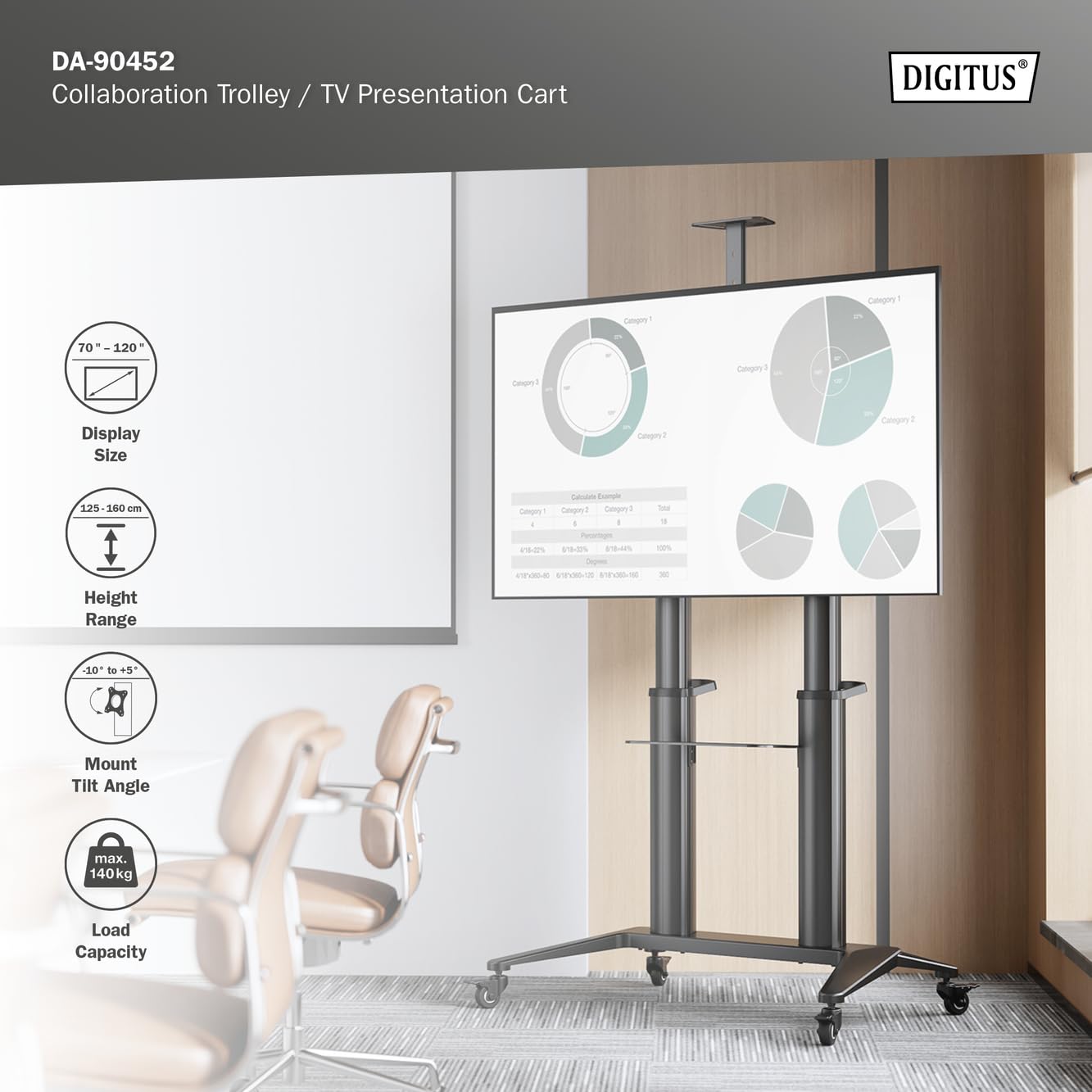 DIGITUS TV-Ständer – für Fernseher 70-120 Zoll – Traglast 140kg | VESA bis 1000x600 – Mit Ablage für Laptop & Kamera – Praktischer Griff auf der Rückseite – Integriertes Kabelmanagement